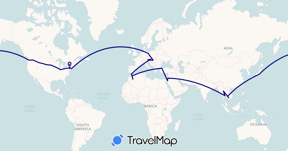 TravelMap itinerary: driving in Austria, China, Germany, Hungary, Jordan, Japan, Cambodia, Morocco, Thailand, Turkey, United States (Africa, Asia, Europe, North America)